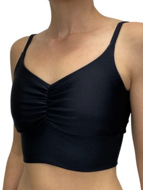 Top Regata Feminino Com cós Alongado Alças Finas, Detalhe Franzido no decote e costas Beach Tênis Preto