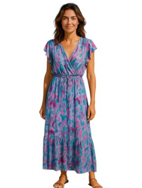 Vestido longo com decote transpassado e babados nos ombros e na barra lagoon