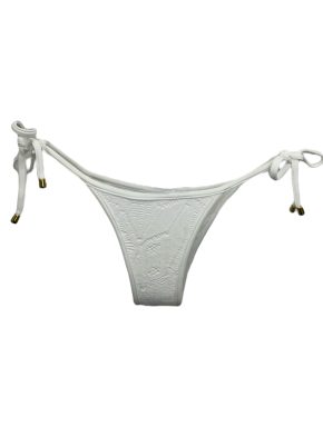 Tanga de biquíni com amarração na lateral com laços e ponteira renda branca tribal