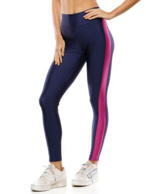 Calça Fitness Legging com faixa lateral e bolso trilobal Marinho