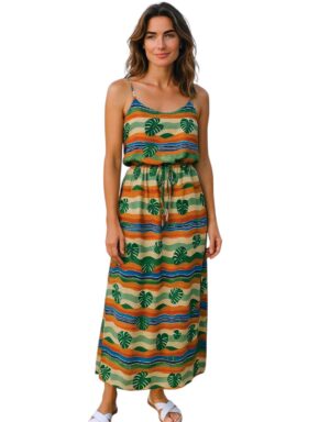 Vestido longo com alças finas e amarração na cintura Marakatu