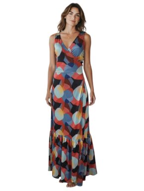 Vestido Longo transpassado com amarração e babado na saia Sem Manga Positano